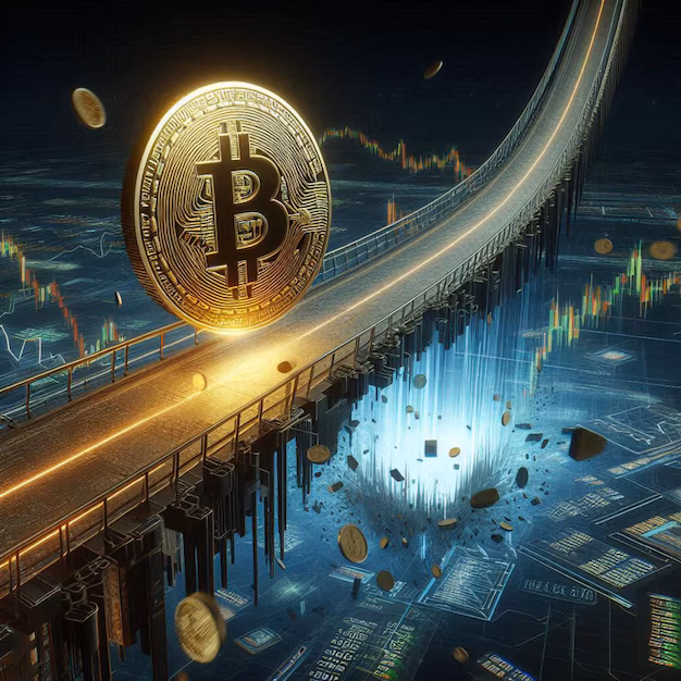 futuristic digital bridge - A golden bitcoin crossing a futuristic digital bridge that is ...