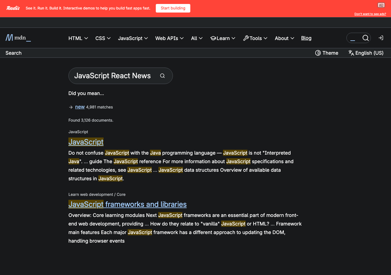 Official documentation for JavaScript React News
