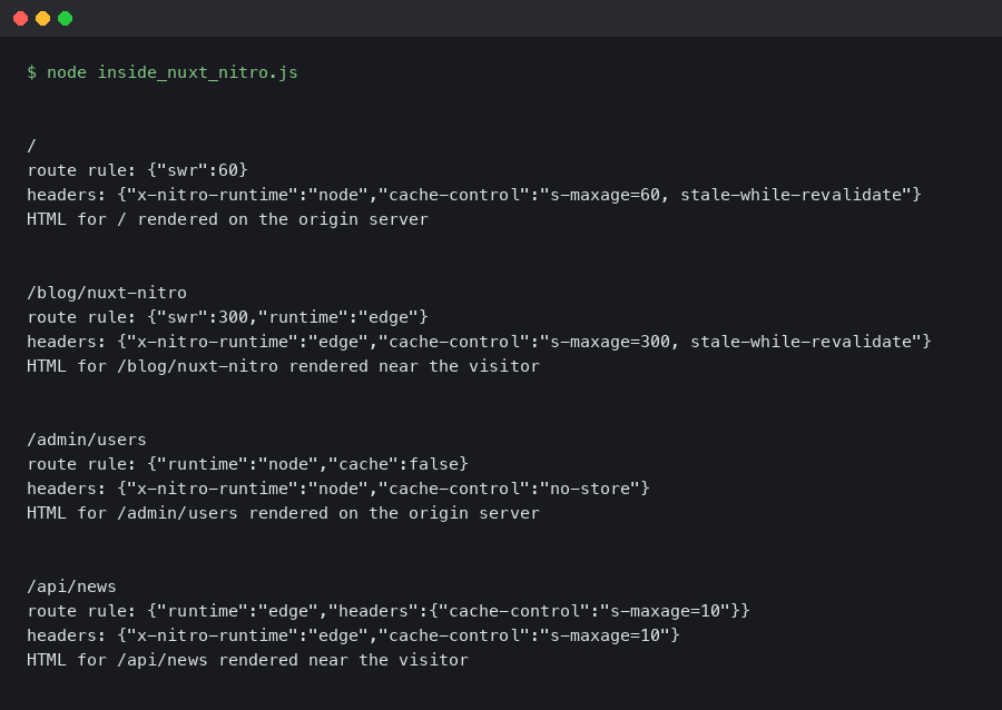 Terminal output for Inside Nuxt Nitro and route rules: how edge rendering works